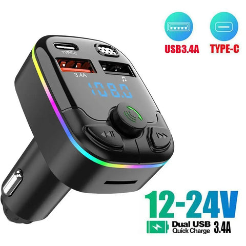 USB Car Charger USB Fast Charging Charger Car Music Adapter Bluetooth-Compatible 5.0 Colorful Ambient Light Auto Radio Modulator