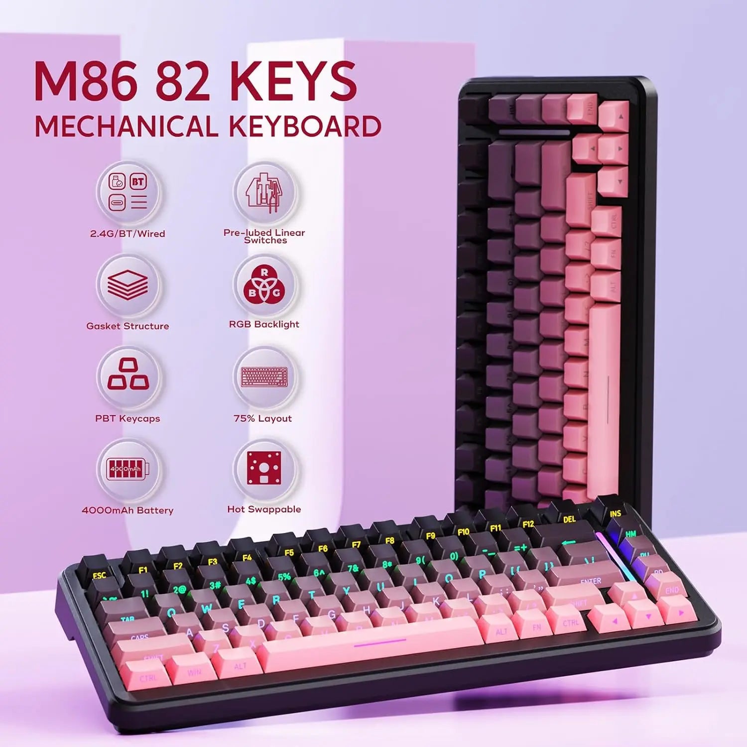MAMBASNAKE x ATTACK SHARK M86 82 Keys Wireless Mechanical Keyboard, 75% Gasket Hot Swappable Custom Keyboard