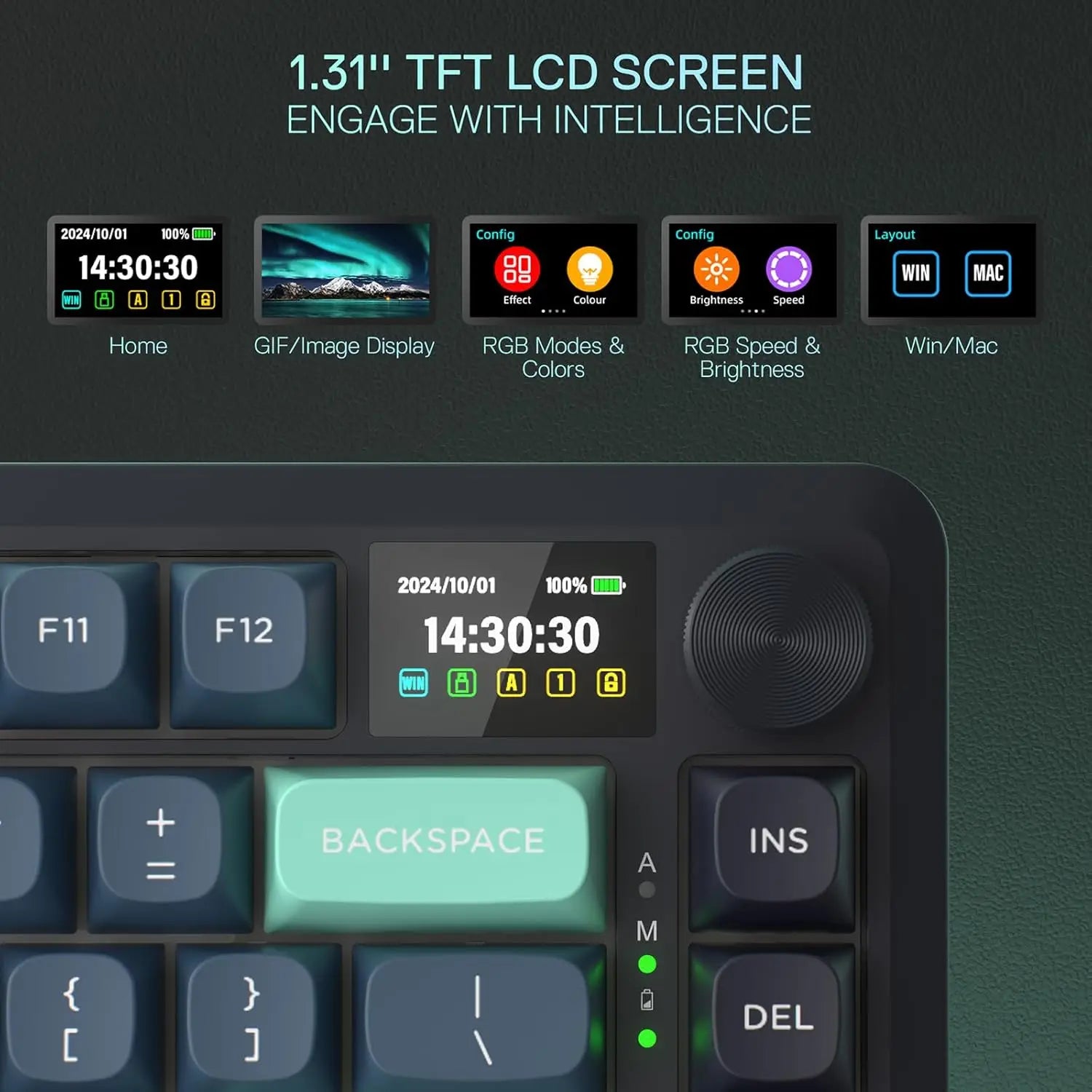 Redragon K724 PRO Wireless Gasket Gaming Keyboard w/Hype Screen & Knob, 81-Key Mechanical Keyboard, Mint Mambo Switches