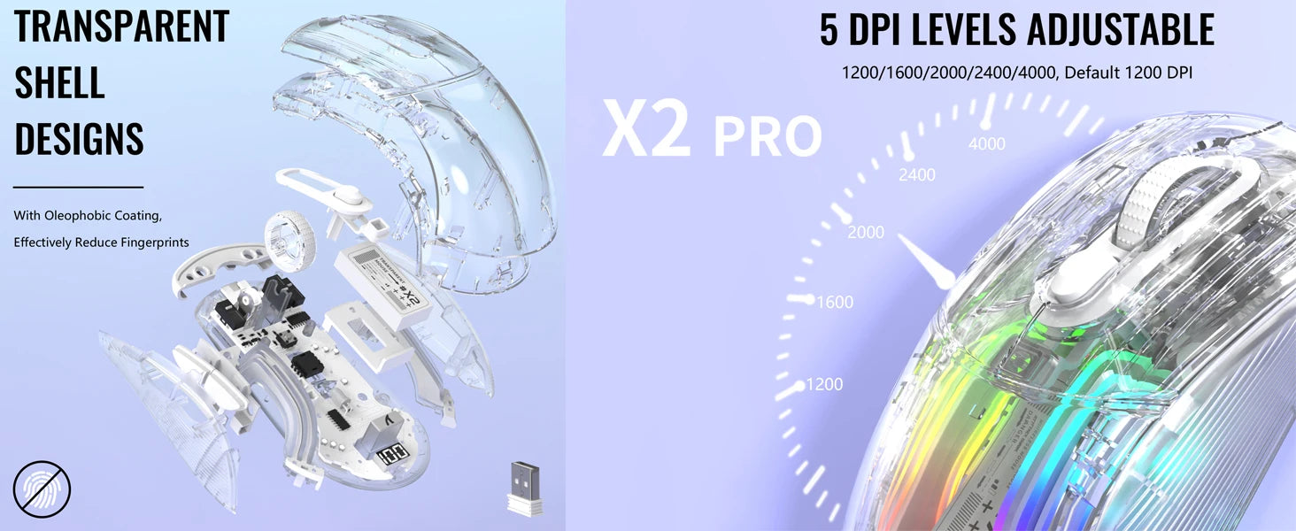ATTACK SHARK X2Pro Wireless Gaming Mouse with RGB Charging Dock,Tri-Mode Mute Mouse RGB Backlit,Transparent Shell,PixArt 3212