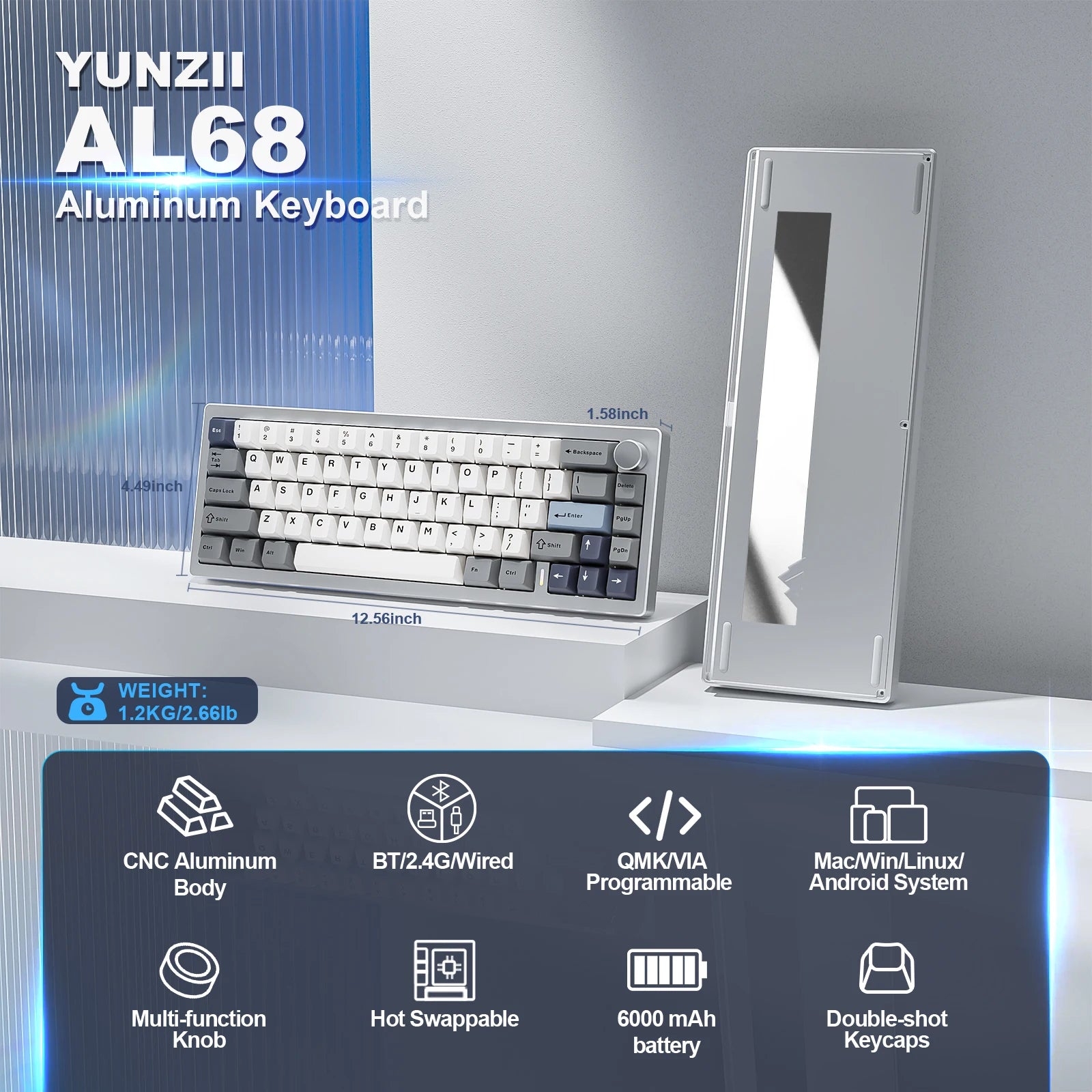 YUNZII AL68 Silver Wireless Custom Mechanical Keyboard, QMK/VIA Aluminum Keyboard, Hot Swap Gasket Gaming Keyboard with Knob