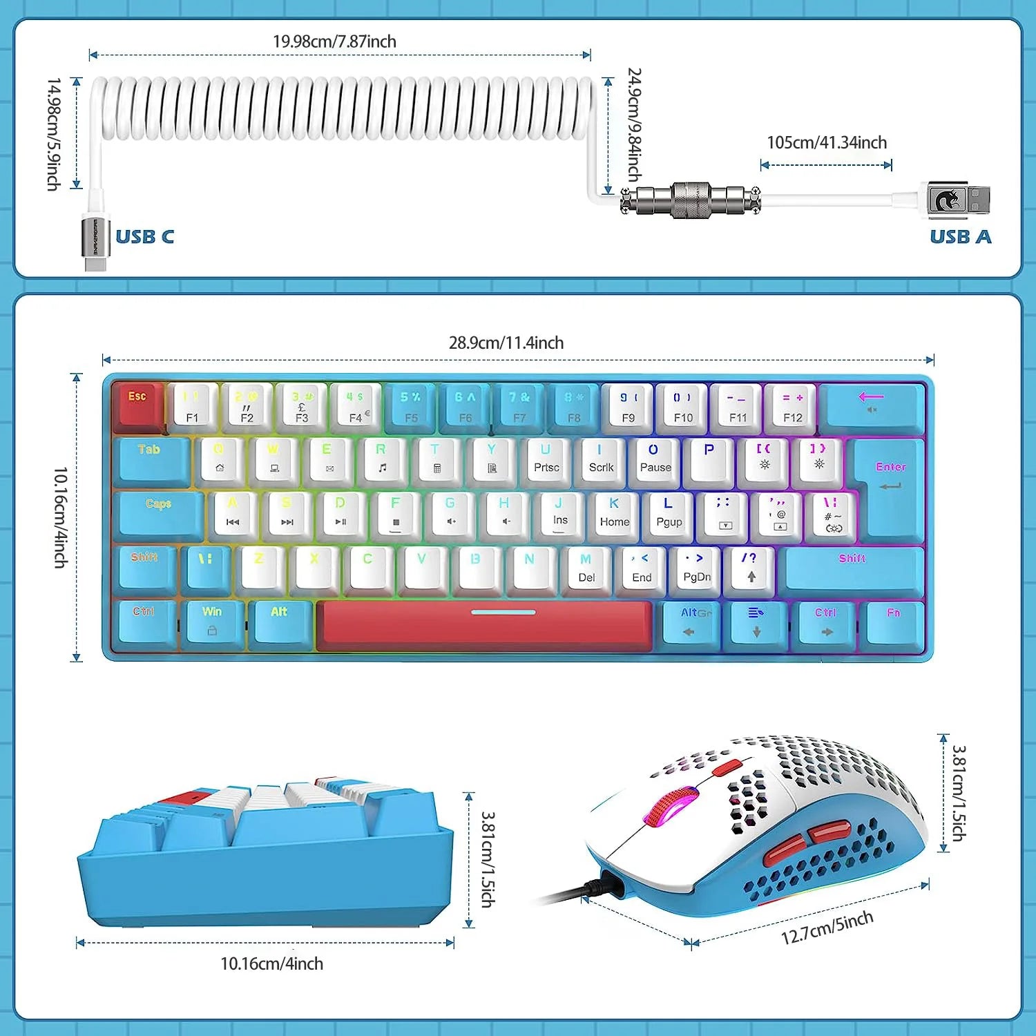 60% Mechanical Keyboard and Mouse Combo + Tray USB C Cable, RGB LED Backlit Keyboard, Red Switches, 6400 DPI Programmable Mouse