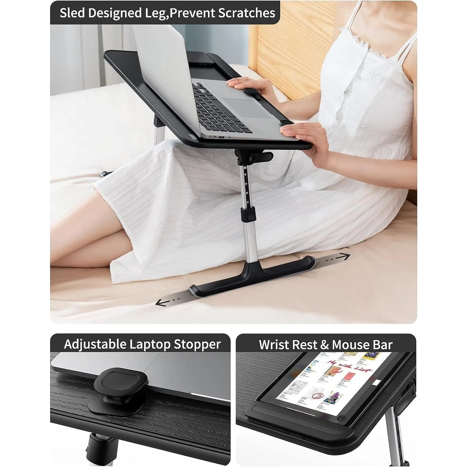 Desk for Bed, SAIJI Height & Angle Adjustable Laptop Stand for Bed, Lap Desk Bed Tray Table, Light Weight Foldable Portable