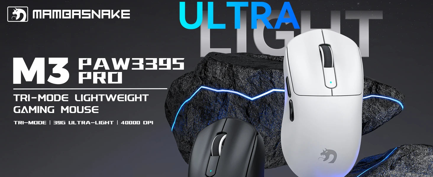 MAMBASNAKE M3 Wireless Gaming Mouse with Lightweight 39g,PixArt PAW3395 PRO Sensor 40K DPI,Tri Mode-,100M Clicks Micro Switch