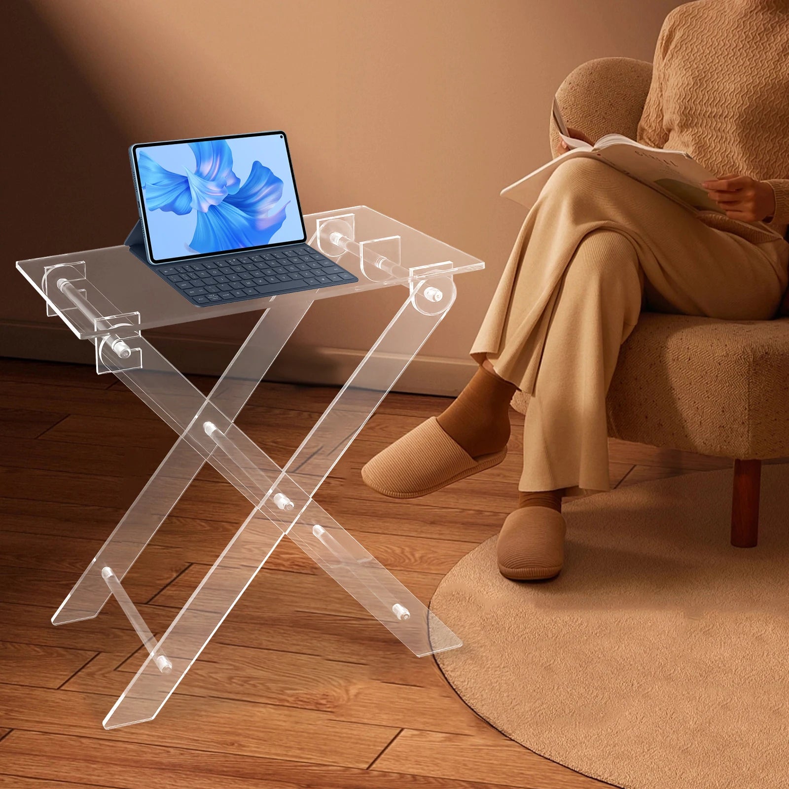 Acrylic Laptop Stand, Foldable X-Design with 22lb Capacity, 23.07" Height, 18.6x11.9" Clear Tabletop for Home/Office Use
