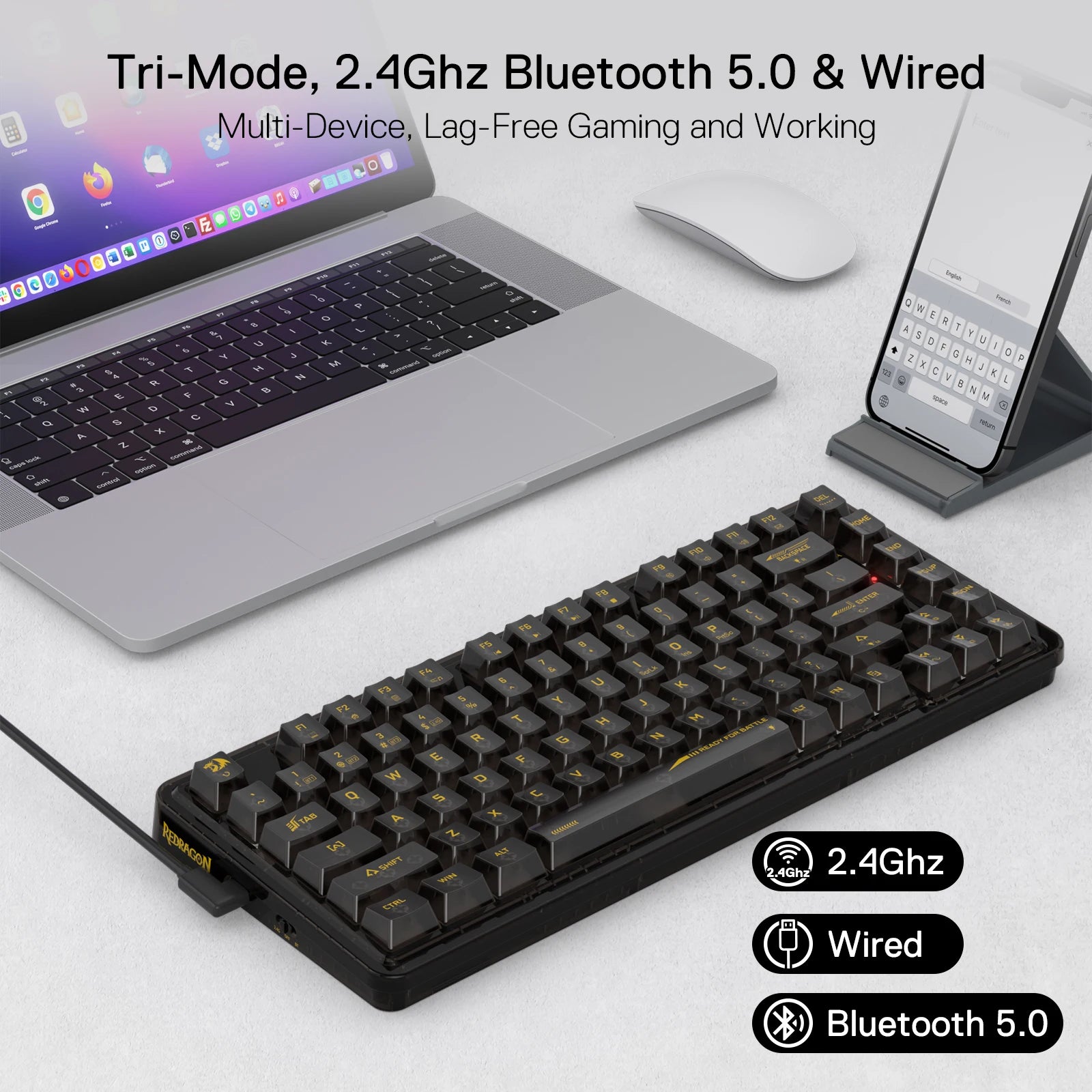 Redragon K649 PRO 78% Wireless Gasket RGB Gaming Keyboard, 3-Modes 82 Keys Full-Transparent Hot-Swap Compact Mechanical Keyboard