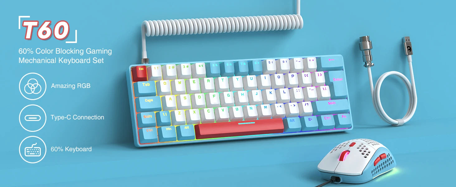 60% Mechanical Keyboard and Mouse Combo + Tray USB C Cable, RGB LED Backlit Keyboard, Red Switches, 6400 DPI Programmable Mouse