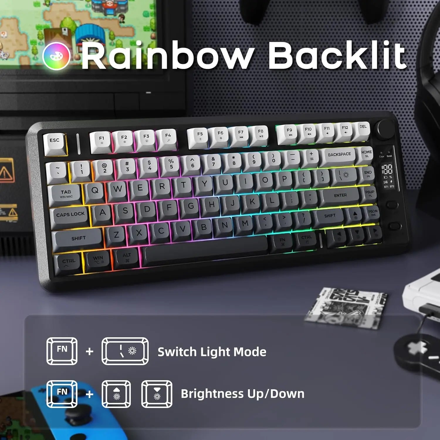 ATTACK SHARK M75 Wireless Membrane Gaming Keyboard with Knob&OLED Display Bluetooth/2.4Ghz Rainbow Backlit Gradient PBT Keycaps