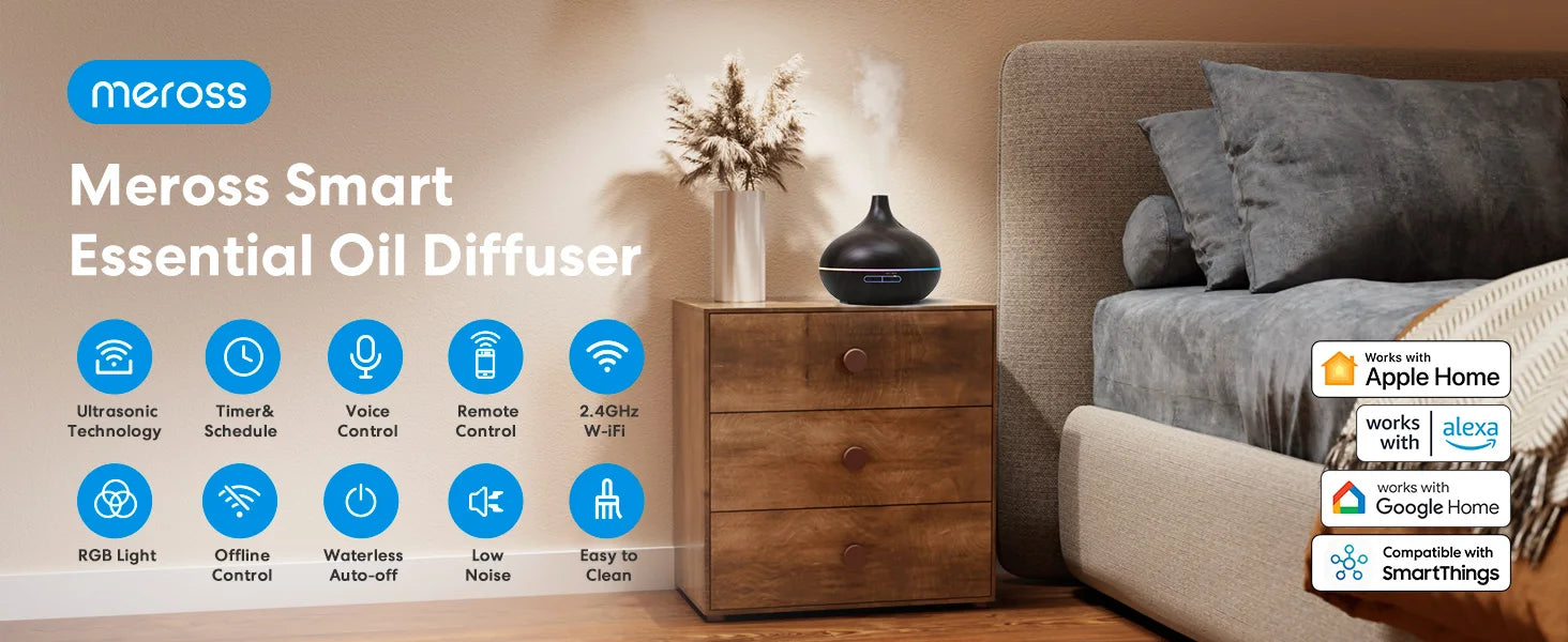 Meross Smart WiFi Wooden Essential Oil Diffuser Air Humidifier Voice Control Humificador For Bedroom Home Plants Support HomeKit