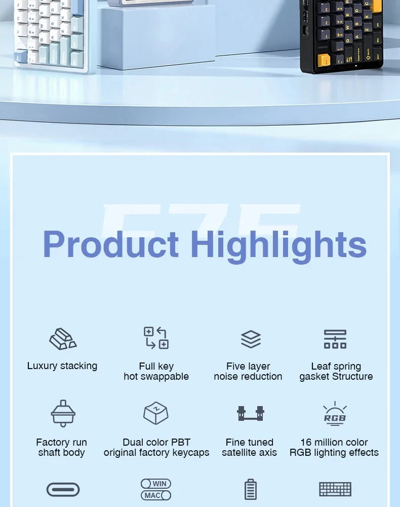 AULA F75 Gaming Mechanical Keyboard W/ RGB PBT keycaps Hot-Swap Gasket Structure 75% Layout Customized Tri-Mode Game Keyboards