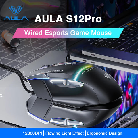 AULA S12Pro Gaming Mouse 12800DPI 1000Hz Return Wired 8 Buttons Macro Mouse for E-sports Ergonomic Design RGB Backlit
