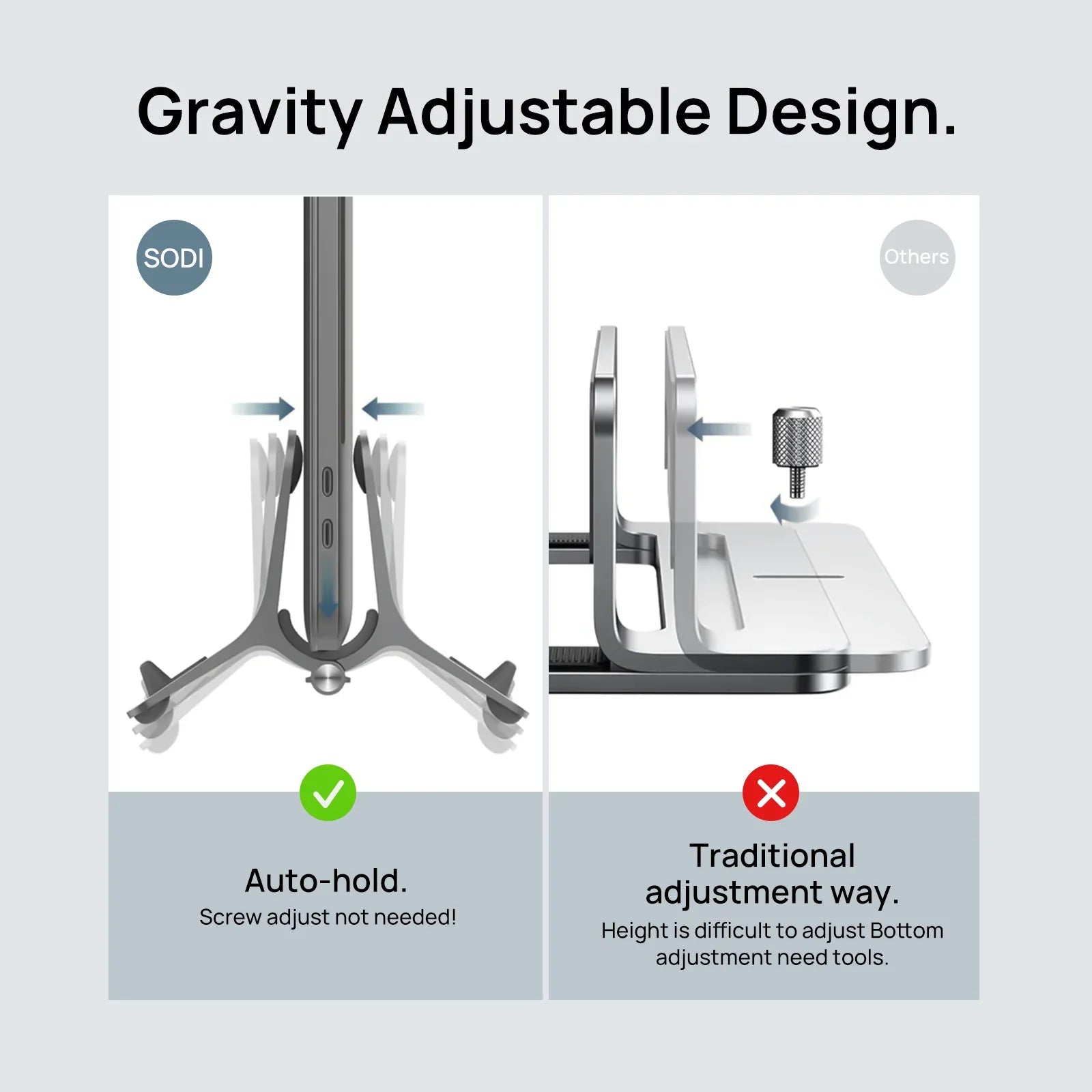 SODI Vertical Laptop Stand For Desk Gravity Auto Lock Vertical Stand Aluminum Laptop Vertical Dock Stand Holder