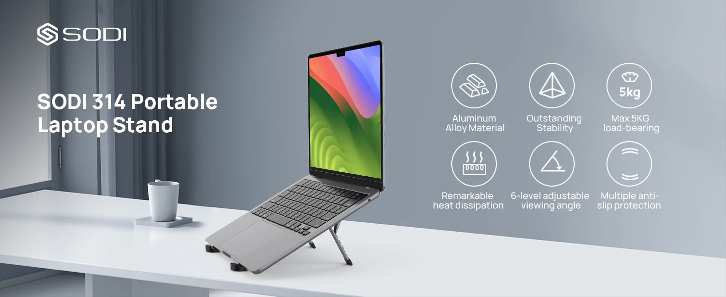 SODI Adjustable Laptop Holder for Desk Foldable Laptop Stand Riser Portable Notebook Stand for 10-15.6” Inch Laptops Black
