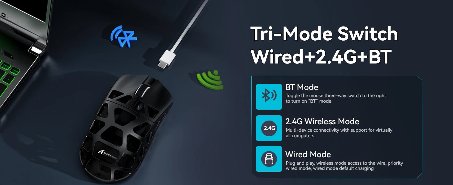 Attack Shark R3 Wireless Gaming Mouse,PAW3395 Up to 26K DPI 8KHz Return Rate,Magnesium Alloy 46G Ultralight Hollowed Design, Tri