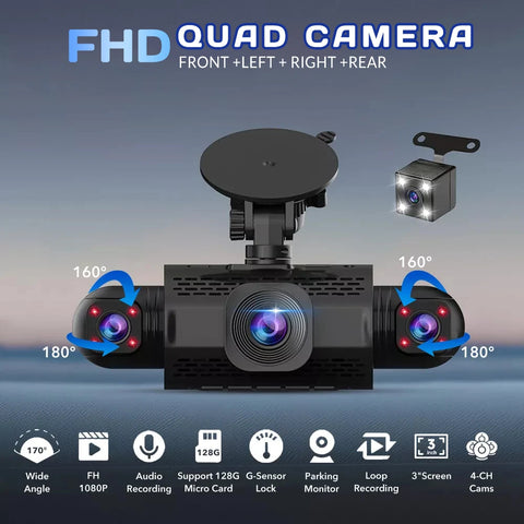 3.0″ IPS 360° Dash Camera HD 1080P 4Lens Driving Recorder with 32G Card for Loop Video Recording 24h Park Monitor GPS Navigation