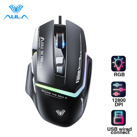 AULA S12Pro Gaming Mouse 12800DPI 1000Hz Return Wired 8 Buttons Macro Mouse for E-sports Ergonomic Design RGB Backlit