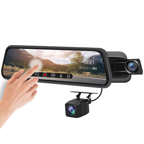 Junsun Backup Camera 10 inch Mirror Dash Cam Dual Lens Front Rear Dash Camera 1080P Full Touch Screen Waterproof Parking Monitor