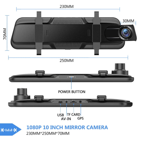 Junsun Backup Camera 10 inch Mirror Dash Cam Dual Lens Front Rear Dash Camera 1080P Full Touch Screen Waterproof Parking Monitor