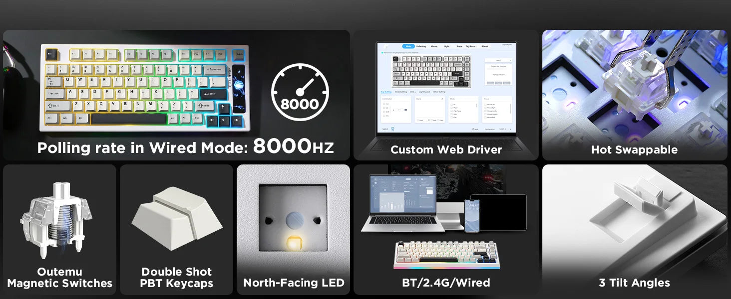 YUNZII RT80 Hall Effect 8K Rapid Trigger Gaming Mechanical Keyboard, 82-Key Wireless Adjustable Actuation Magnetic Hot Swap Keeb