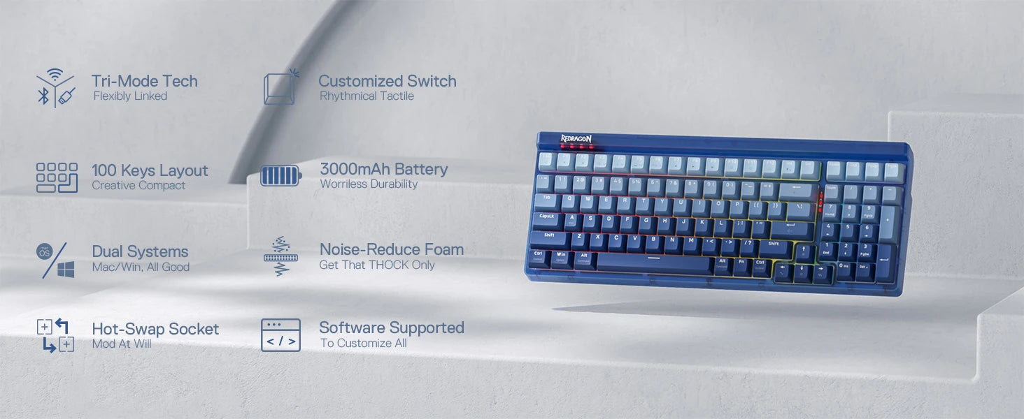 Redragon K656 PRO 3-Mode Wireless RGB Gaming Keyboard, 100 Keys Mechanical Keyboard , Hot-Swappable Socket, Purple Switches