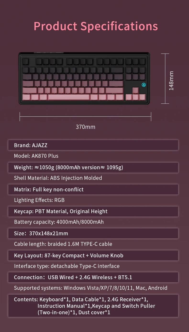 AJAZZ AK870 PLUS wireless Bluetooth mechanical keyboard three-mode hot-swappable screen gaming game boy