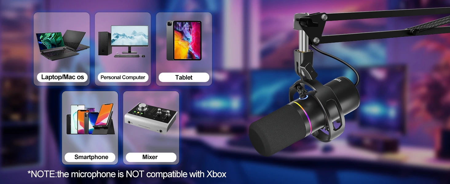 XLR/USB Dynamic Microphone Kit, PC Microphone for Streaming, Podcasting, Gaming, RGB, Mute and Noise Cancelling Function, Volume