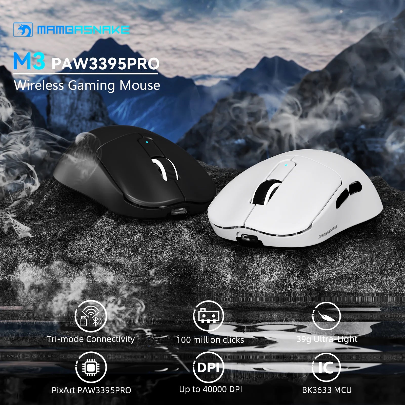 MAMBASNAKE M3 Wireless Gaming Mouse with Lightweight 39g,PixArt PAW3395 PRO Sensor 40K DPI,Tri Mode-,100M Clicks Micro Switch