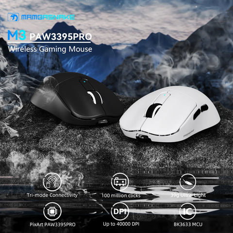 MAMBASNAKE M3 Wireless Gaming Mouse with Lightweight 39g,PixArt PAW3395 PRO Sensor 40K DPI,Tri Mode-,100M Clicks Micro Switch