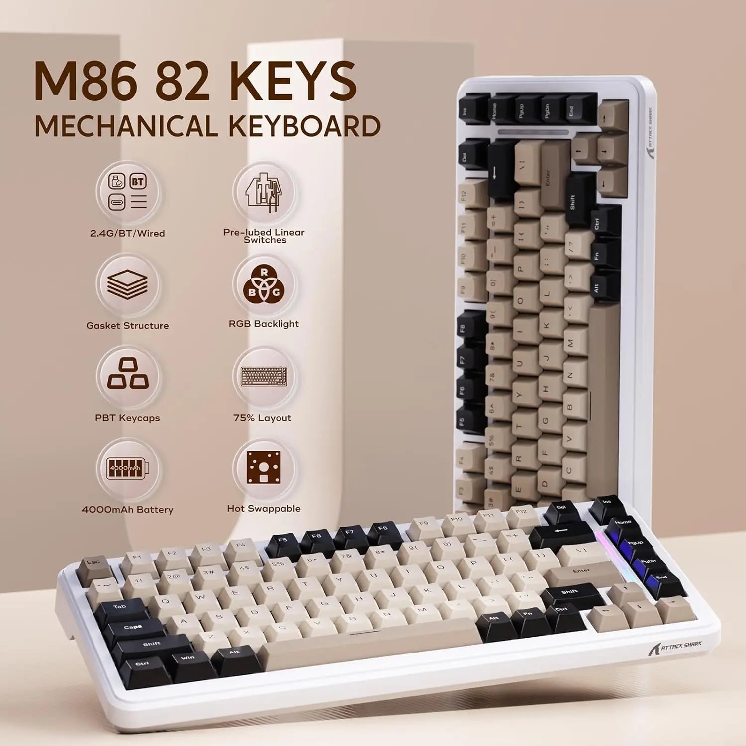 MAMBASNAKE x ATTACK SHARK M86 82 Keys Wireless Mechanical Keyboard, 75% Gasket Hot Swappable Custom Keyboard