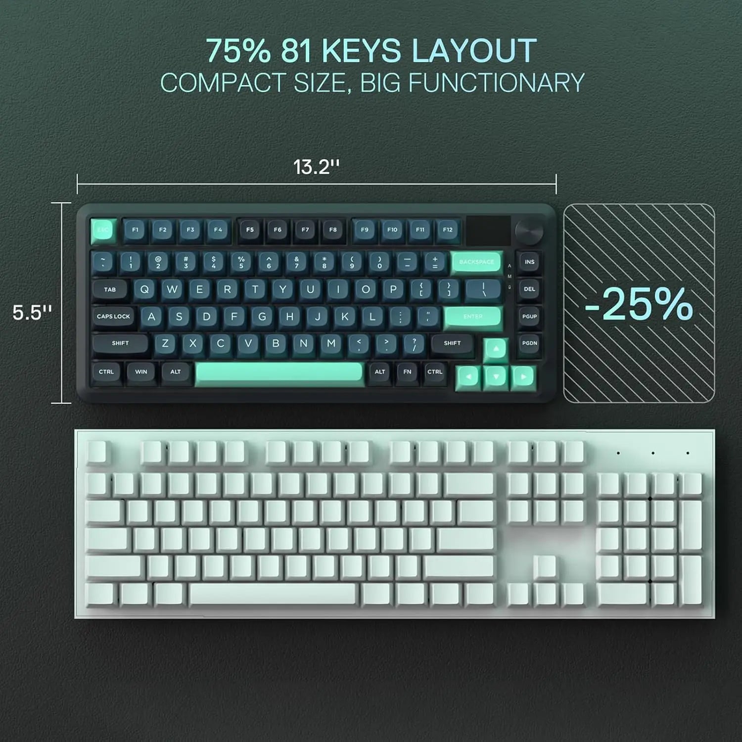 Redragon K724 PRO Wireless Gasket Gaming Keyboard w/Hype Screen & Knob, 81-Key Mechanical Keyboard, Mint Mambo Switches