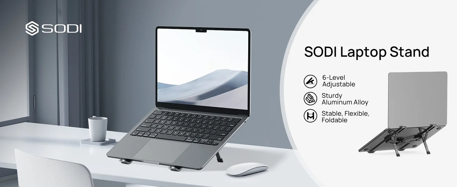 SODI Foldable Laptop Stand for Desk Portable Adjustable Aluminum Riser for MacBook Pro Air HP Dell Lenovo Up to 15.6 Inch Grey