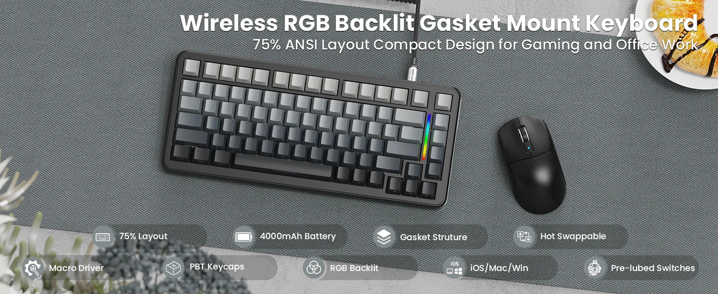 ATTACK SHARK M86 Wireless Mechanical Gaming Keyboard, 75% Gasket Hot Swappable RGB Custom Keyboard, Side Printed PBT Keycaps