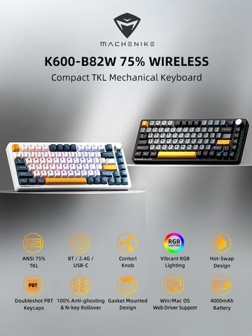 Machenike K600-B82W Mechanical Keyboard 75% ANSI Layout Gasket Mounted Web Driver Support RGB Backlit Wireless Gaming Keyboard