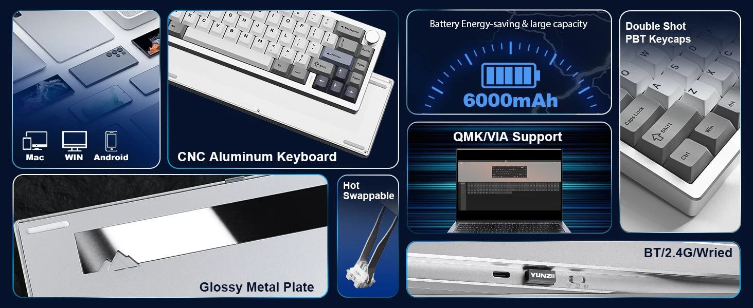YUNZII AL68 Silver Wireless Custom Mechanical Keyboard, QMK/VIA Aluminum Keyboard, Hot Swap Gasket Gaming Keyboard with Knob
