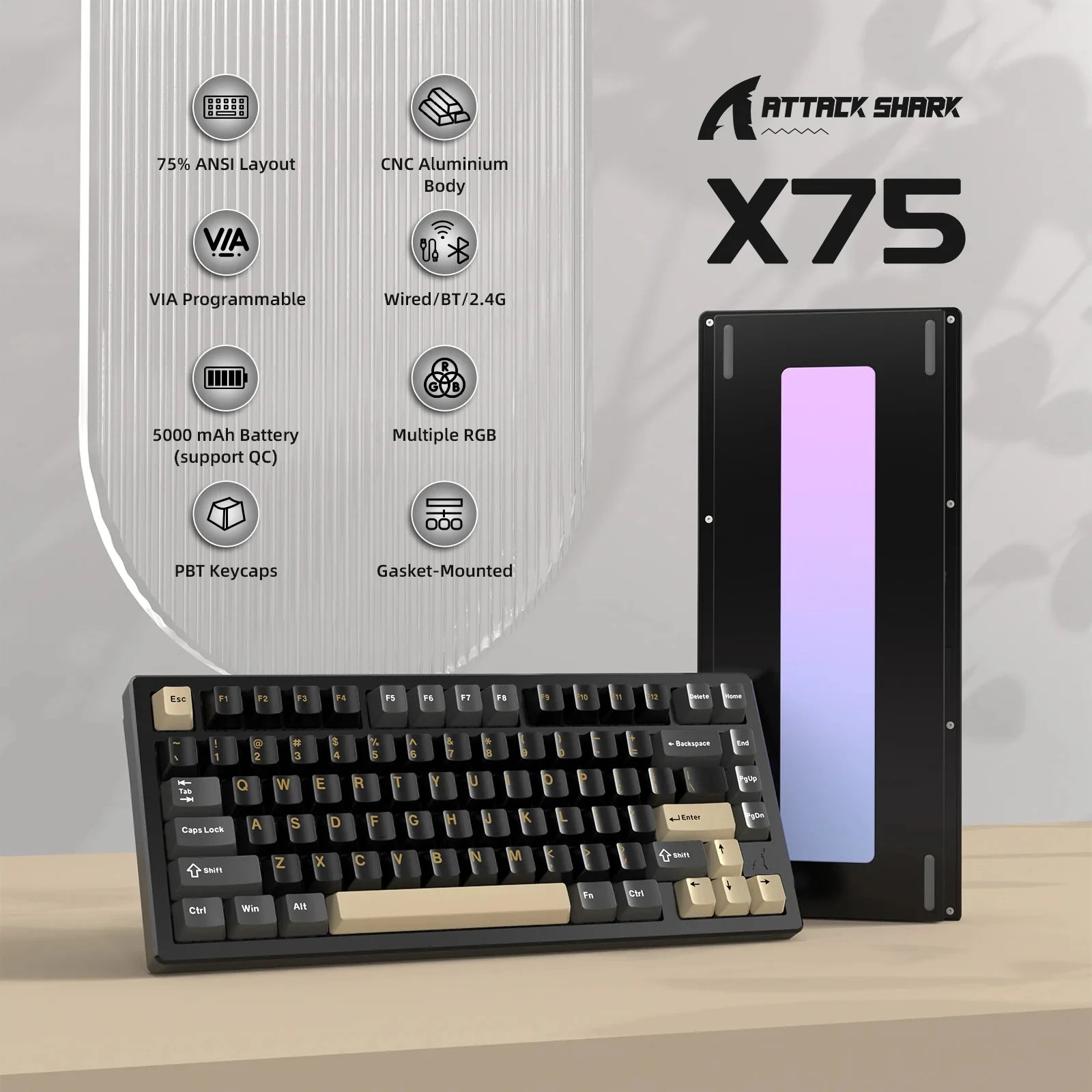 ATTACK SHARK X75 Full Aluminum Keyboard 75% VIA Wireless Gasket Mechanical Keyboard
