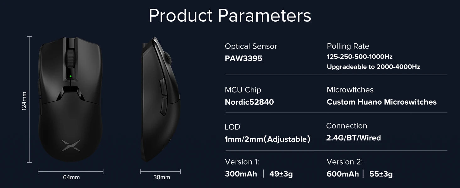 Delux M800 Ultra Lightweight 55g PAW3395 Wireless Bluetooth Tri-Mode Gaming Mouse 26000DPI 4K Compatible Macro Mice For PC Gamer