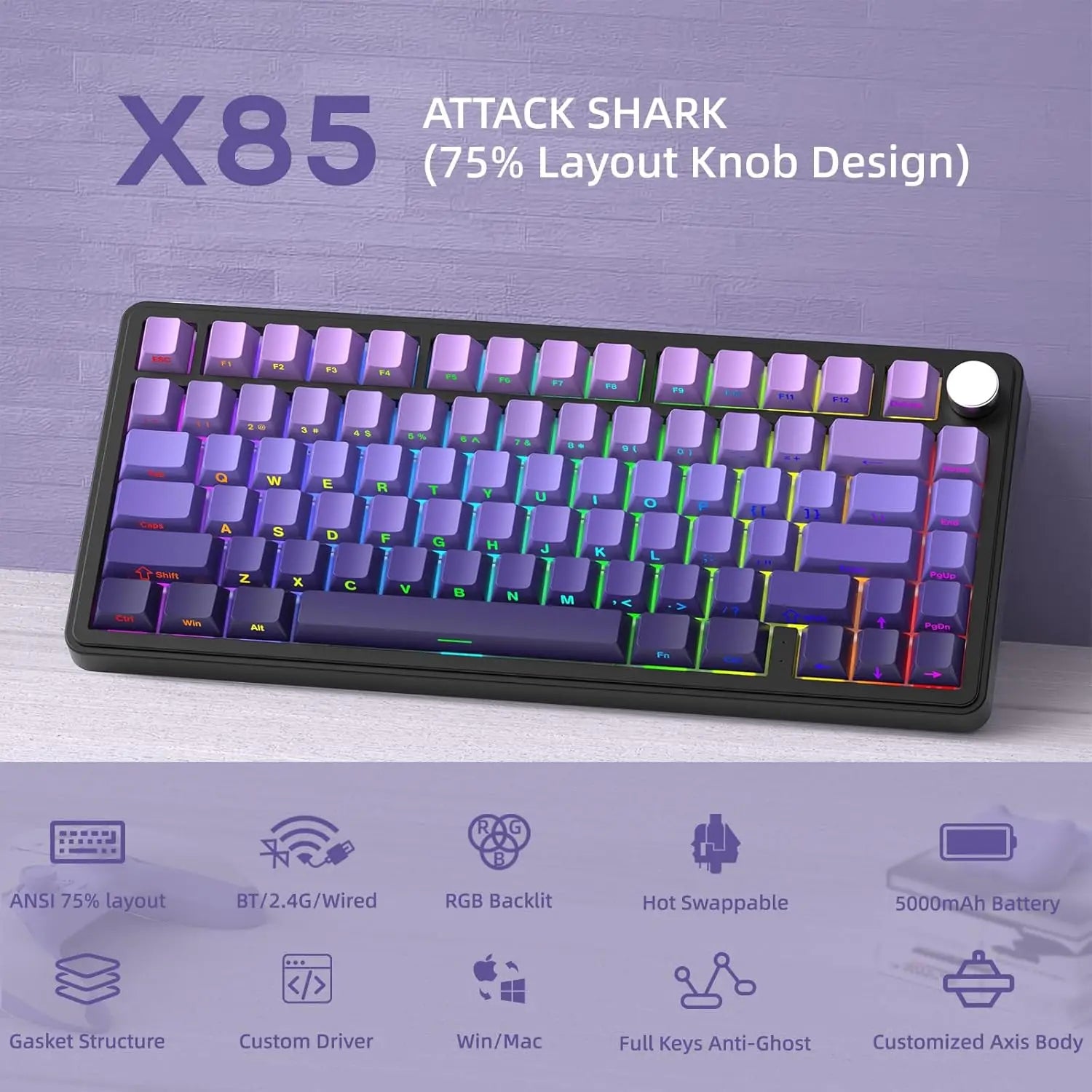 MAMBASNAKE x ATTACK SHARK X85 Gasket Mechanical Keyboard with Knob,75% Tri-Mode(BT5.0/2.4G/USB-C) Wireless Gaming Keyboard