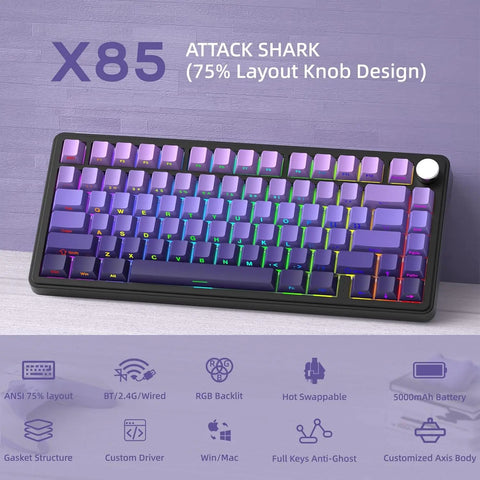 MAMBASNAKE x ATTACK SHARK X85 Gasket Mechanical Keyboard with Knob,75% Tri-Mode(BT5.0/2.4G/USB-C) Wireless Gaming Keyboard