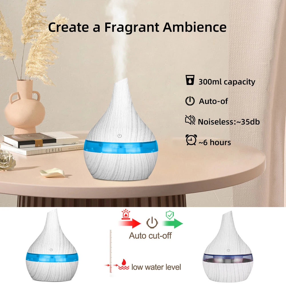 300ml USB Essential Oil Diffusers Ultrasonic Air Humidifier with 7-Color LED lights Cool Mist Maker for home bedroom