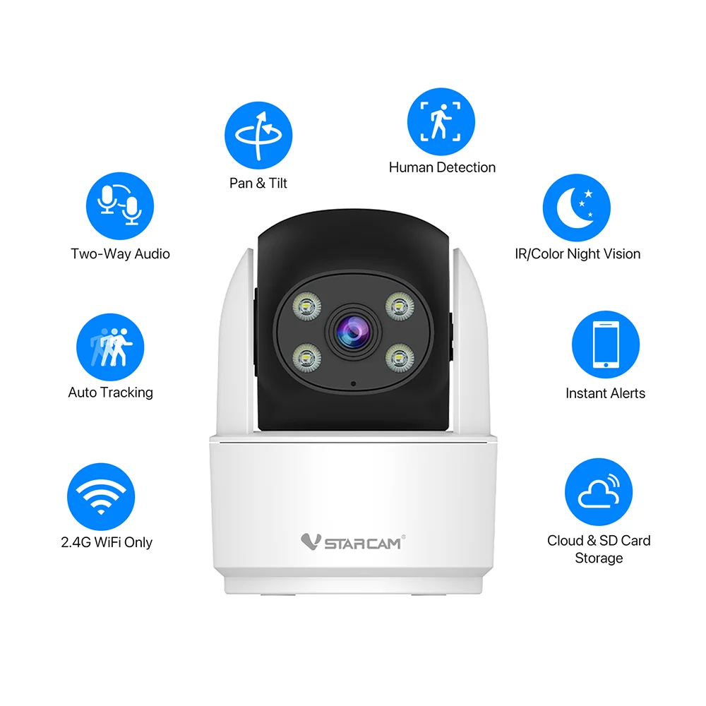 Vstarcam 2MP Indoor 2.4G WiFi Cameras for Home Security,Pet Baby Monitor, Spotlight Alarm,Pan & Tilt,APP Control,24/7 Recording