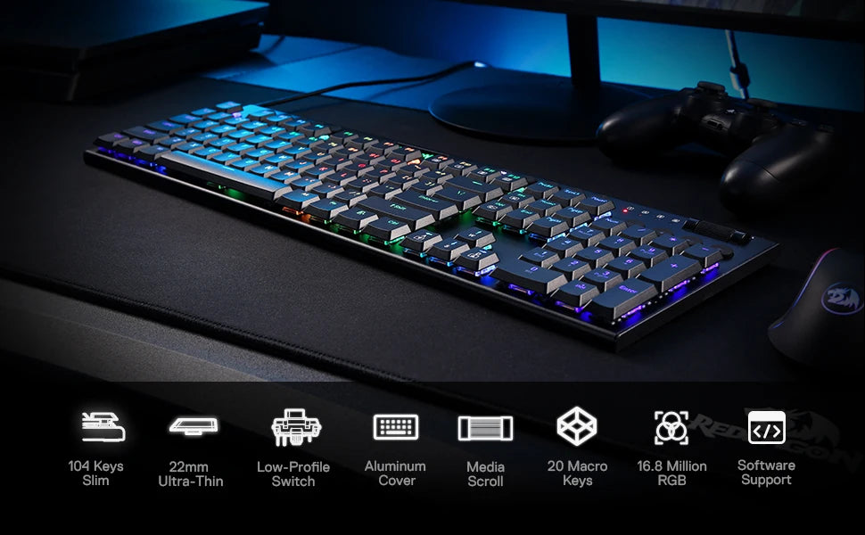 Redragon K619 Horus RGB Mechanical Keyboard Wired Gaming Low Profile Keycaps Red Switch Pro Software Supported