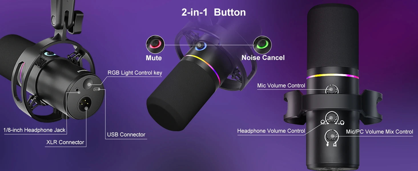 XLR/USB Dynamic Microphone Kit, PC Microphone for Streaming, Podcasting, Gaming, RGB, Mute and Noise Cancelling Function, Volume
