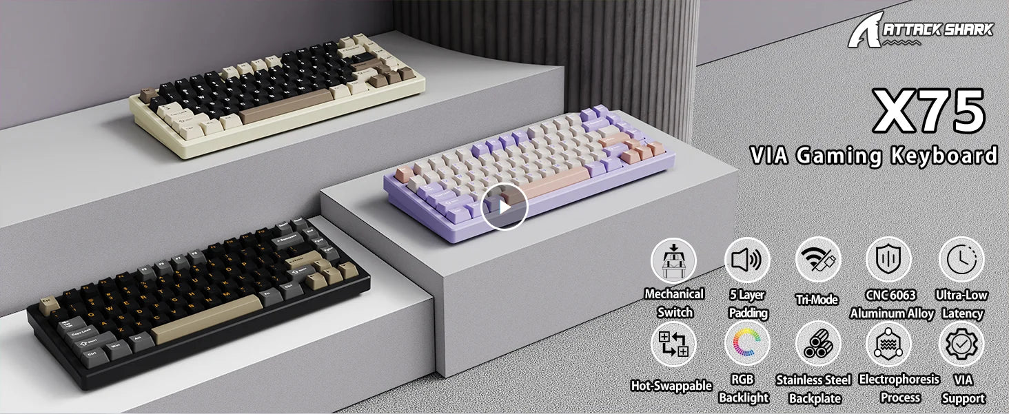 ATTACK SHARK X75 Full Aluminum Keyboard 75% VIA Wireless Gasket Mechanical Keyboard