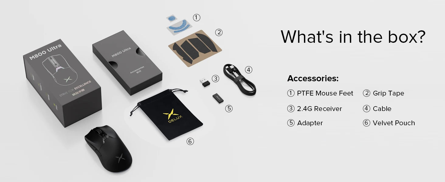 Delux M800 Ultra Lightweight 55g PAW3395 Wireless Bluetooth Tri-Mode Gaming Mouse 26000DPI 4K Compatible Macro Mice For PC Gamer