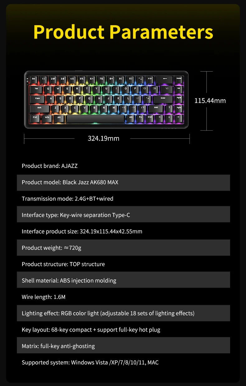 AJAZZ AK680MAX-Hall gaming magnetic Switch-wireless mechanical keyboard supports wired 8K refresh rate-RGB-DIY