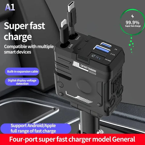 W&O 4 in 1 Flexible Car Charger PD 3.0 120W Fast Charging Type C Mobile Phone Charger for iPhone Xiaomi Huawei Samsung Android