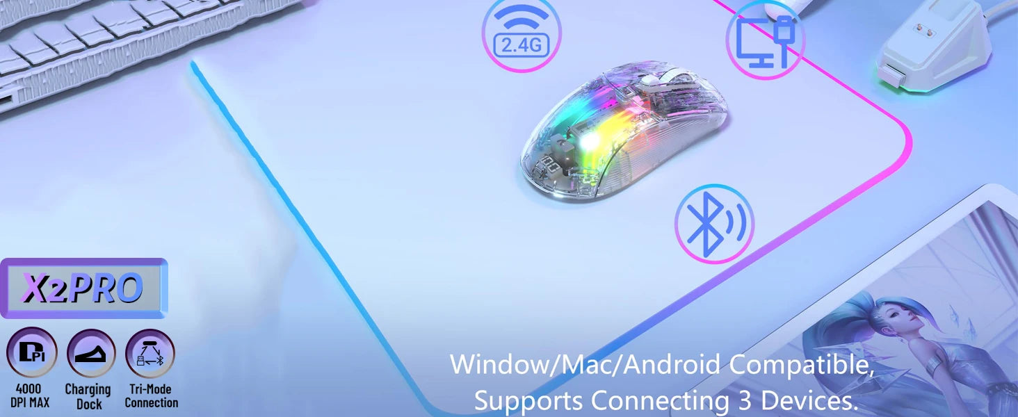 ATTACK SHARK X2Pro Wireless Gaming Mouse with RGB Charging Dock,Tri-Mode Mute Mouse RGB Backlit,Transparent Shell,PixArt 3212