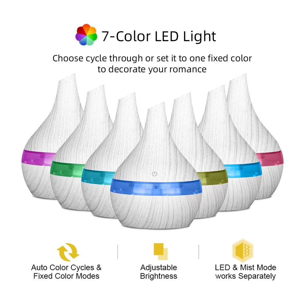 300ml USB Essential Oil Diffusers Ultrasonic Air Humidifier with 7-Color LED lights Cool Mist Maker for home bedroom