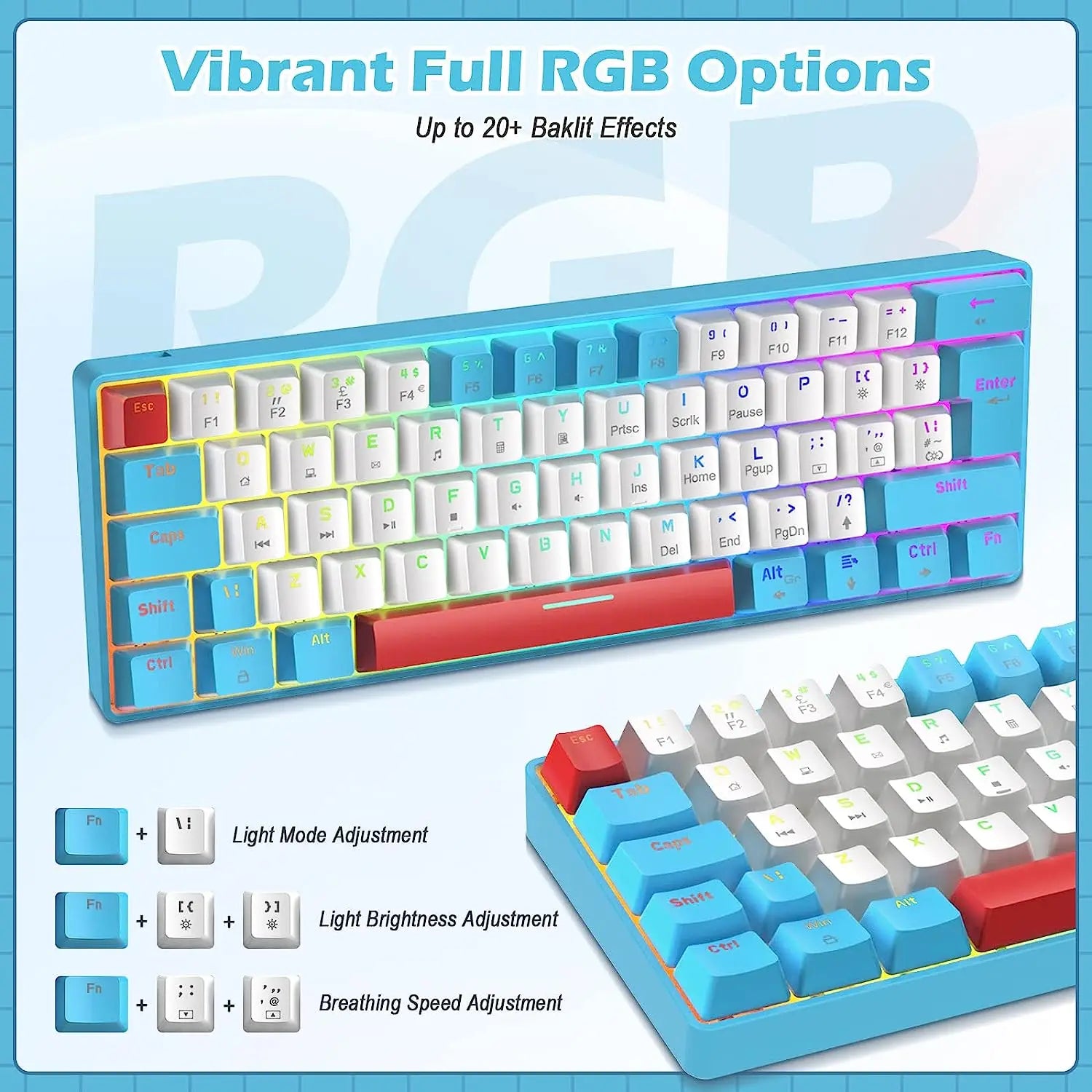 60% Mechanical Keyboard and Mouse Combo + Tray USB C Cable, RGB LED Backlit Keyboard, Red Switches, 6400 DPI Programmable Mouse