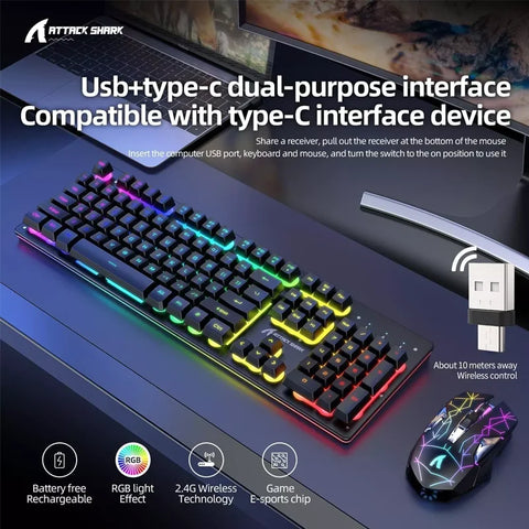 ATTACK SHARK T3 RGB Wireless Gaming Keyboard Mouse Combo,Rechargeable Mechanical